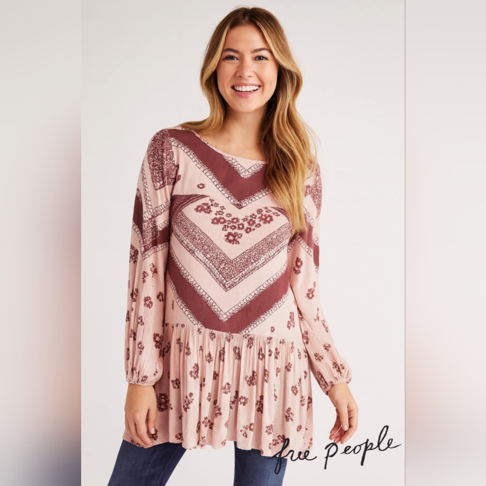 Free People Long Sleeve Pink and Brown Top Casual Boho Size Large
